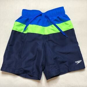 Speedo navy blue green striped boys swim trunks size Medium